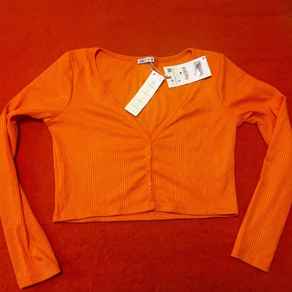 Zara bright orange V-neck ribbed cropped cardigan NWT - Picture 3 of 9